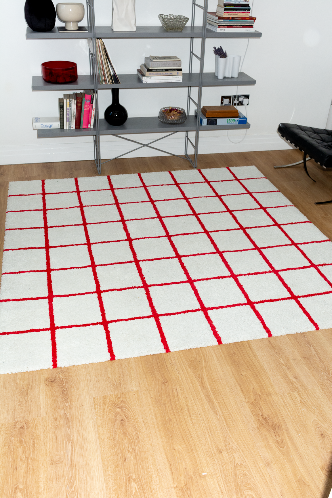 Red and White Grid high pile Rug