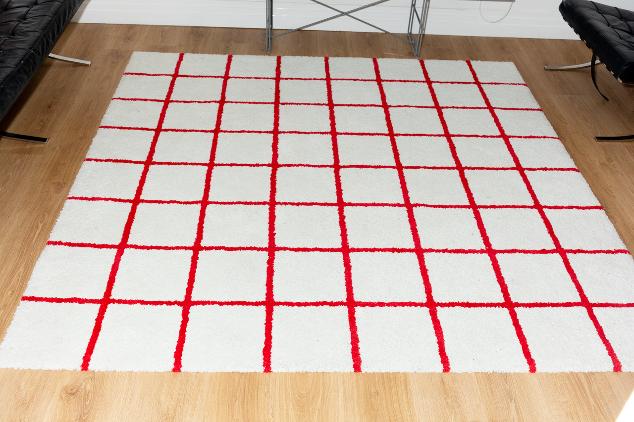 Red and White Grid high pile Rug