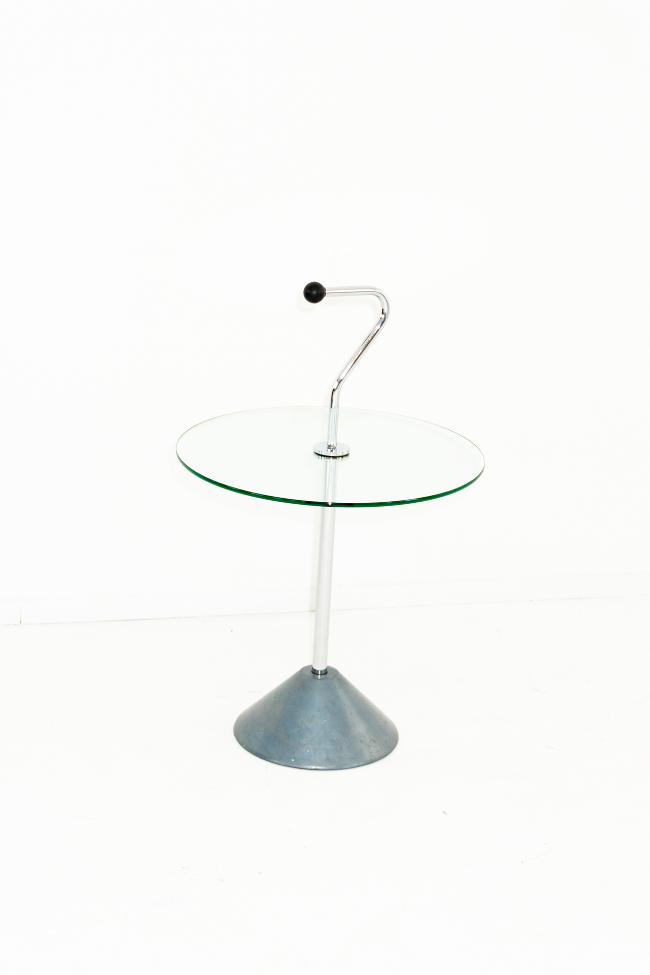 Glass and Chrome Side Table with handle and Aluminium weighted base | Vintage 1980's