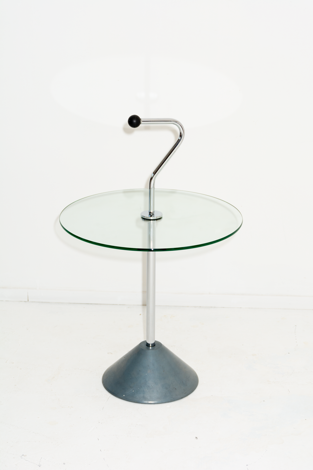 Glass and Chrome Side Table with handle and Aluminium weighted base | Vintage 1980's