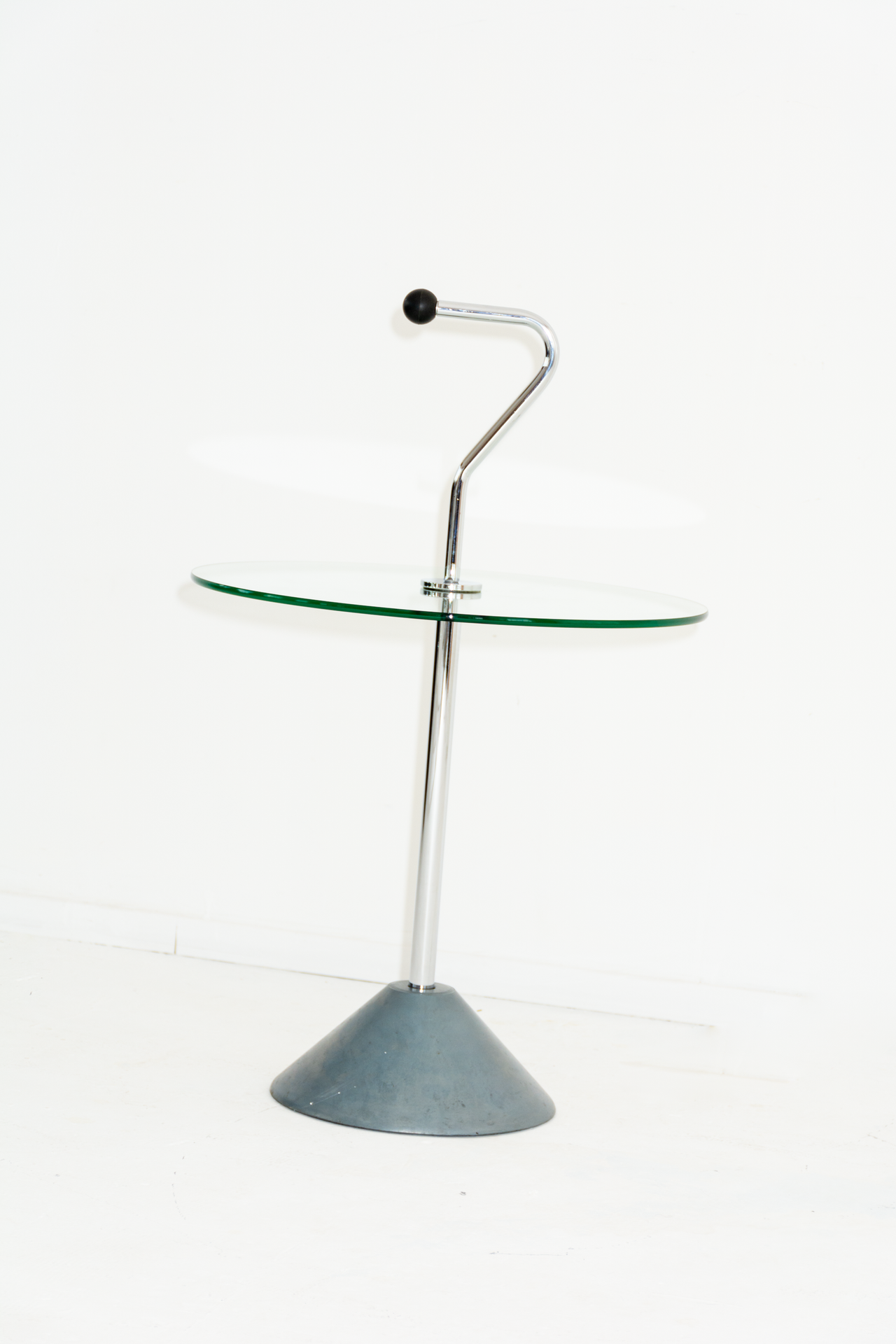 Glass and Chrome Side Table with handle and Aluminium weighted base | Vintage 1980's