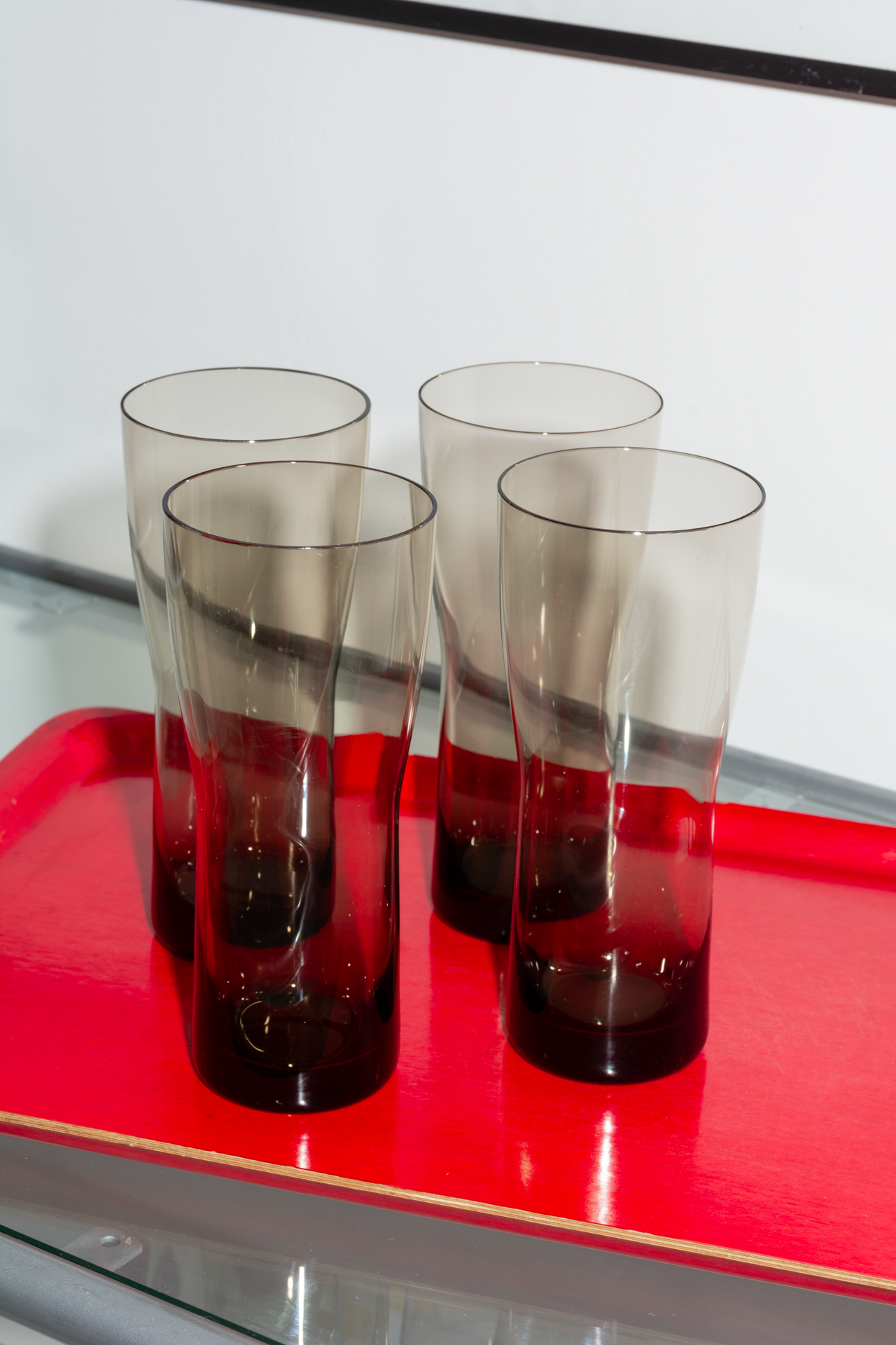 Tall Set of 4 Vintage Smoked Glass Tumblers Circa 1970s